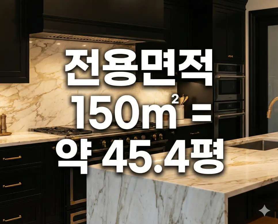 전용면적 140 145 150 160 180 (제곱미터 m2) 몇평인지 체크 평수 환산 완벽 분석 2 럭셔리 골드 주방 인테리어 배경 위에 전용면적 150㎡ 평수 환산 결과를 텍스트로 명시한 초대형 아파트 사진