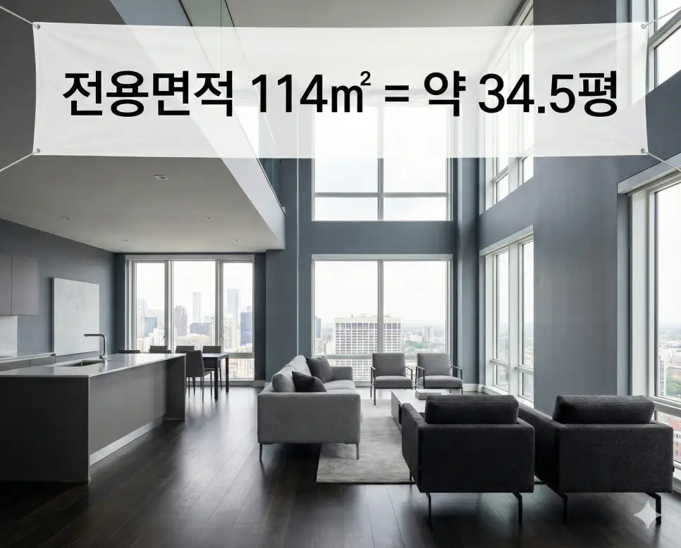 전용면적 101 104 109 111 114 (제곱미터 m2) 면적별 정확한 몇평? 부동산 계약 전 필수 평수 체크 3 웅장한 114m2 대형 아파트 전경 위 흰색 띠 배너에 전용면적 114㎡와 약 34.5평 정보를 고딕체로 삽입한 하이엔드 사진