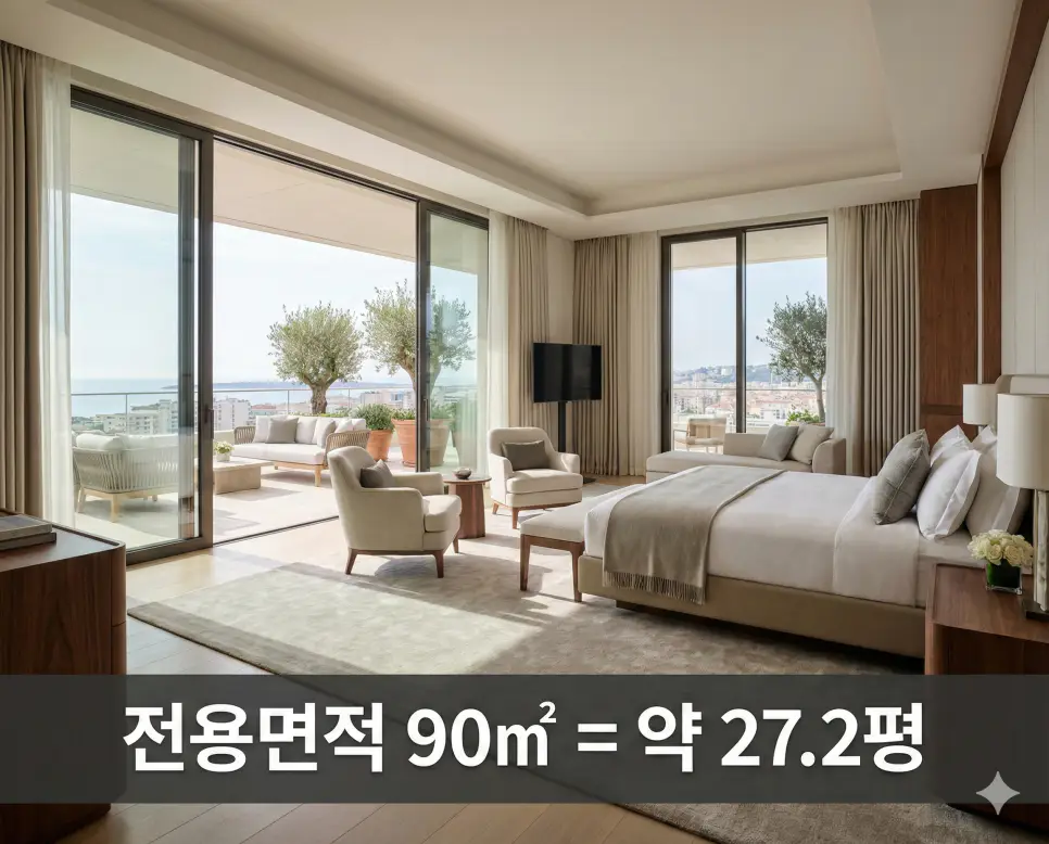 전용면적 43 47 64 66 90 (제곱미터 m2) 정확히 몇평? 이사 가기 전 꼭 확인하는 평수 계산법 3 선명한 90m2 테라스 안방 배경 위 회색 띠 배너에 전용면적 90㎡와 약 27.2평 정보를 고딕체로 삽입한 하이엔드 사진