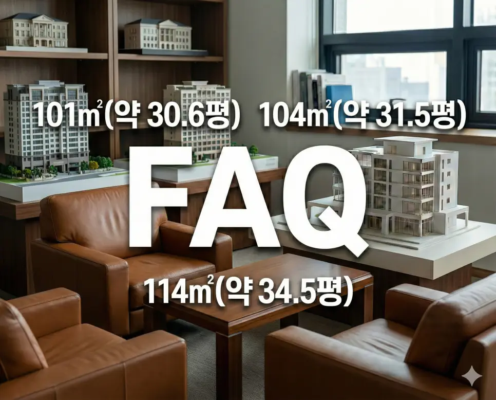전용면적 101 104 109 111 114 (제곱미터 m2) 면적별 정확한 몇평? 부동산 계약 전 필수 평수 체크 4 중앙에 FAQ를 크게 배치하고 주변에 101 104 114㎡ 수치들을 고딕체로 나열한 생생한 전문가 스튜디오 배경의 FAQ 이미지