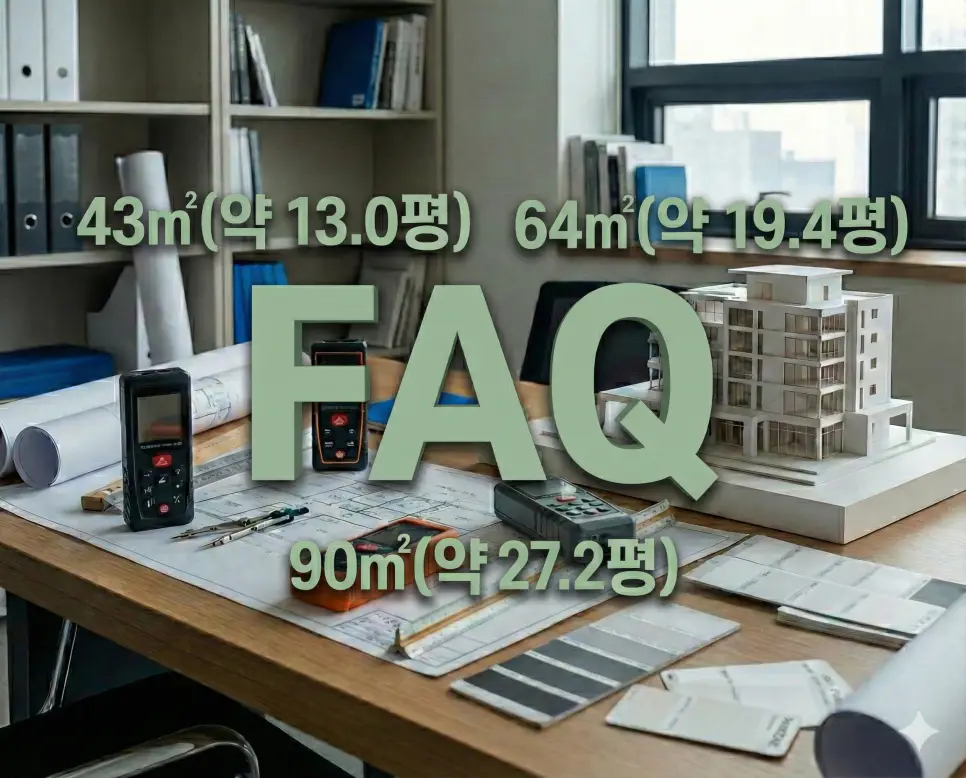 전용면적 43 47 64 66 90 (제곱미터 m2) 정확히 몇평? 이사 가기 전 꼭 확인하는 평수 계산법 4 중앙에 FAQ를 크게 배치하고 주변에 43 64 90㎡ 수치들을 고딕체로 나열한 생생한 전문가 스튜디오 배경의 FAQ 이미지