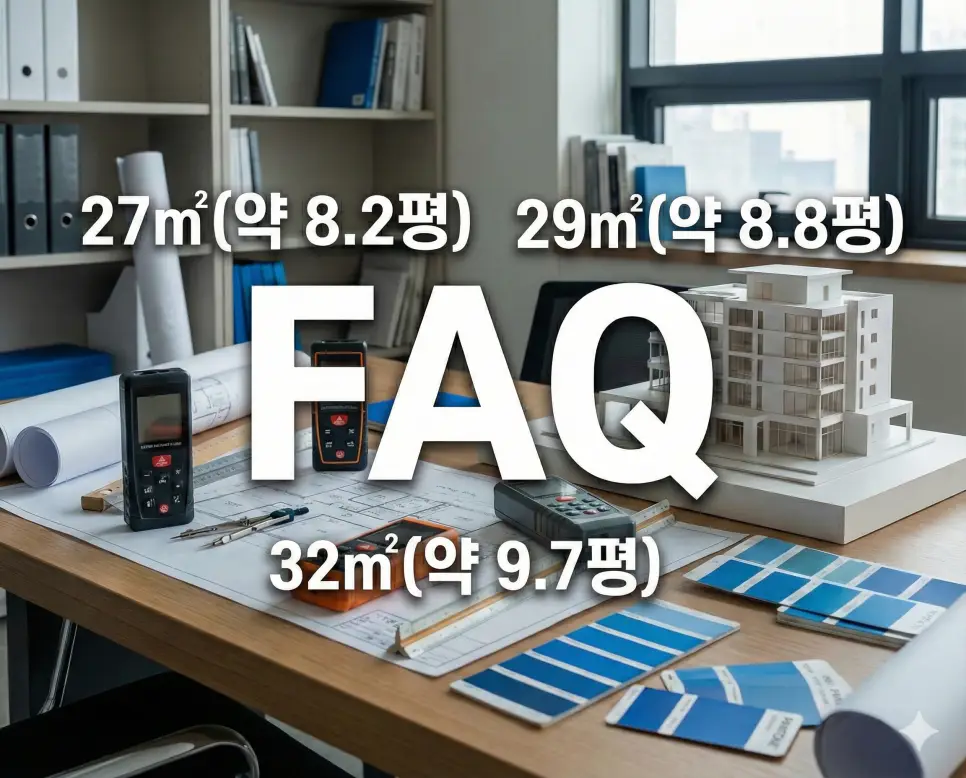 전용면적 27 28 29 31 32 (제곱미터 m2) 몇평인지 정리 평수 환산 상세 리포트 4 중앙에 FAQ를 크게 배치하고 주변에 27 29 32㎡ 수치를 고딕체로 나열한 생생한 전문가 스튜디오 배경의 FAQ 이미지
