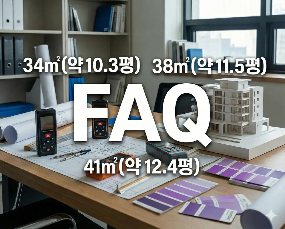 전용면적 34 35 37 38 41 (제곱미터 m2) 몇평인지 확인 정확한 평수 정리 4 중앙에 FAQ를 크게 배치하고 주변에 34 38 41㎡ 수치들을 고딕체로 나열한 생생한 전문가 스튜디오 배경의 FAQ 이미지