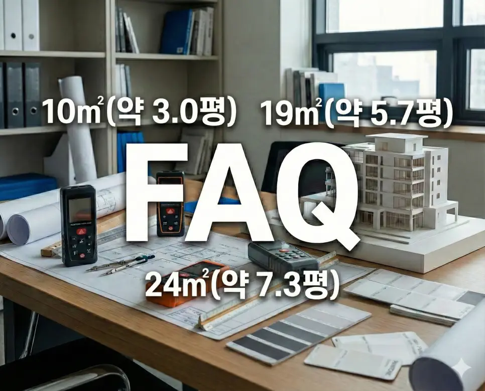 전용면적 10 15 19 21 24 (제곱미터 m2) 과연 몇평일까? 원룸 오피스텔 상세 평수 정리 4 중앙에 FAQ를 크게 배치하고 주변에 10 19 24㎡ 수치들을 고딕체로 나열한 생생한 전문가 스튜디오 배경의 FAQ 이미지