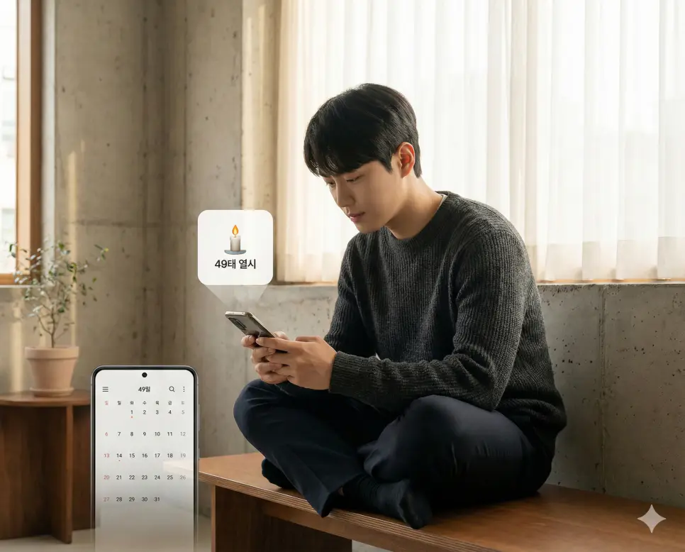49제 날짜 계산 도구를 사용하여 소중한 분을 위한 마지막 예의를 갖추고 정확한 일정을 확인하는 정중한 이미지입니다.