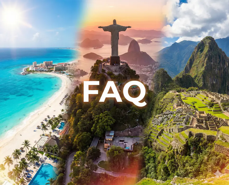 멕시코 칸쿤과 브라질 전경이 어우러진 배경 위에 FAQ 문구가 포함된 실시간 중남미 주요 도시 현재시간 및 시차 정보 자주 묻는 질문 안내 이미지