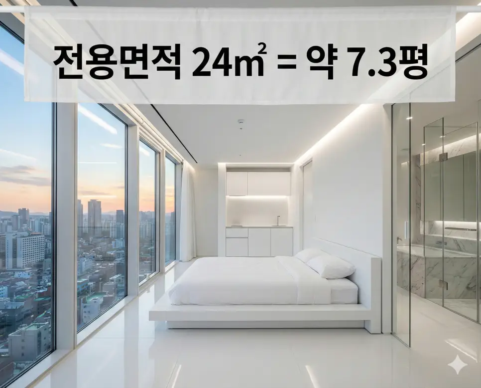전용면적 10 15 19 21 24 (제곱미터 m2) 과연 몇평일까? 원룸 오피스텔 상세 평수 정리 3 선명한 24m2 화이트 인테리어 위 흰색 띠 배너에 전용면적 24㎡와 약 7.3평 정보를 고딕체로 삽입한 하이엔드 사진