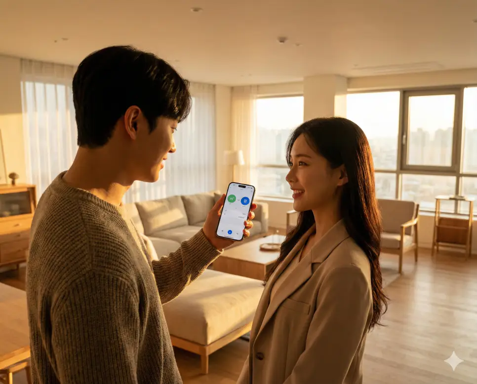 넓은 거실에서 넓이 환산 통합 계산기를 활용해 아파트 분양 면적을 평수로 확인하며 대화하는 한국인 커플