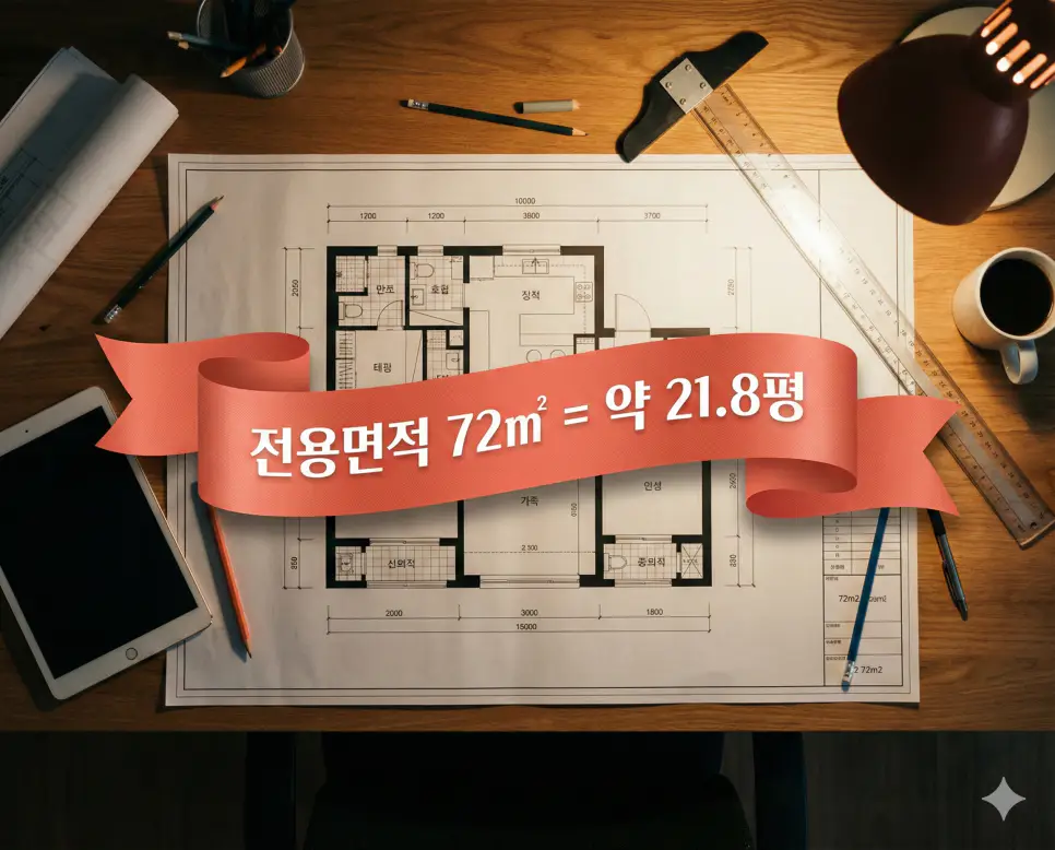 전용면적 70m2 몇 평인지 거실 배경 위 띠 배너에 고딕체로 약 21.2평 수치를 명시한 세련된 정보 이미지
