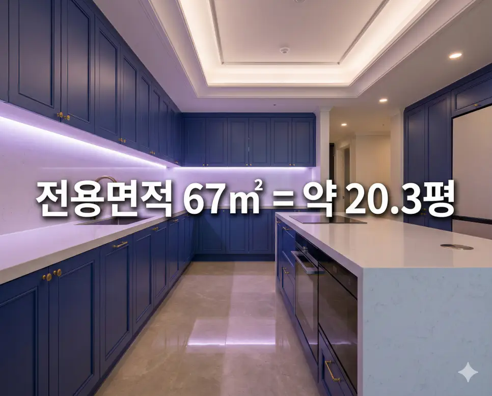 세련된 주방 인테리어 배경 위에 전용면적 67㎡ 평수 환산 결과를 텍스트로 명시한 아파트 분석 자료