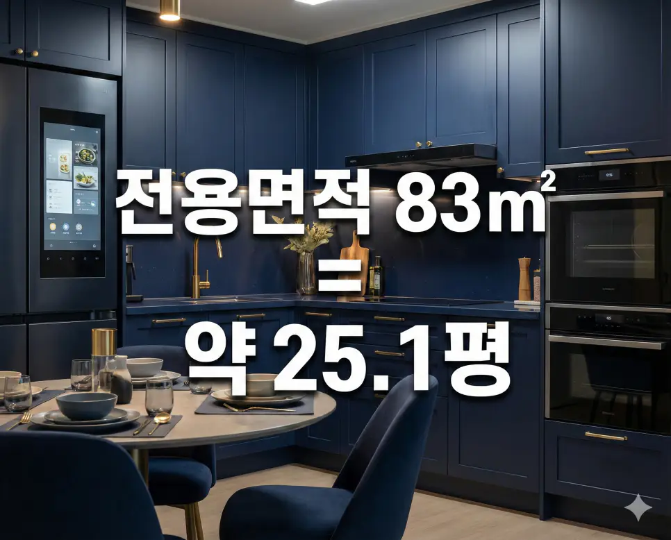 전용면적 81 83 85 86 87 (제곱미터 m2) 몇평인지 확인 평수 환산 상세 가이드 2 현대적인 주방 인테리어 배경 위에 전용면적 83㎡ 평수 환산 결과를 텍스트로 명시한 아파트 분석 사진
