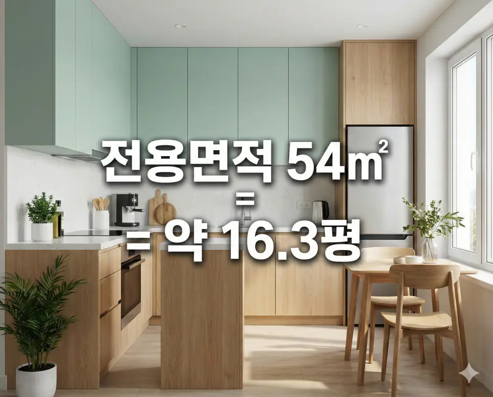 산뜻한 주방 인테리어 배경 위에 전용면적 54㎡ 평수 환산 결과를 텍스트로 명시한 아파트 분석 사진