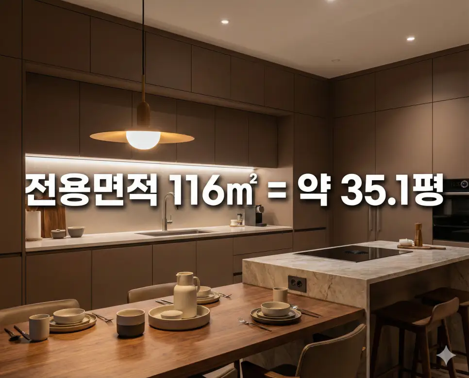 따뜻한 주방 인테리어 배경 위에 전용면적 116㎡ 평수 환산 결과를 텍스트로 명시한 아파트 분석 사진