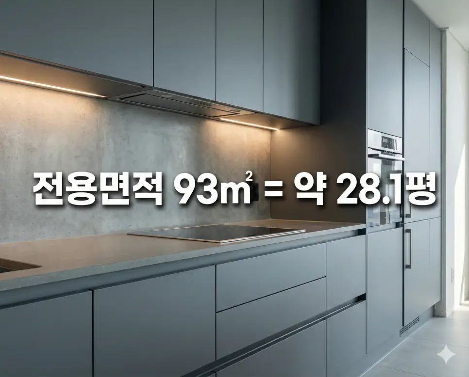 전용면적 88 91 93 95 98 (제곱미터 m2) 몇평일까? 여유로운 평수 환산 리포트 2 현대적인 주방 인테리어 배경 위에 전용면적 93㎡ 평수 환산 결과를 텍스트로 명시한 아파트 분석 사진