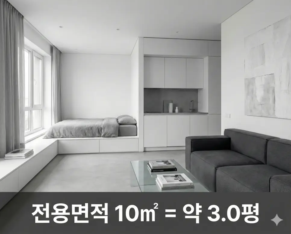 전용면적 10 15 19 21 24 (제곱미터 m2) 과연 몇평일까? 원룸 오피스텔 상세 평수 정리 1 전용면적 10m2 몇 평인지 미니멀 인테리어 위 회색 띠 배너에 고딕체로 약 3.0평 수치를 명시한 세련된 정보 이미지