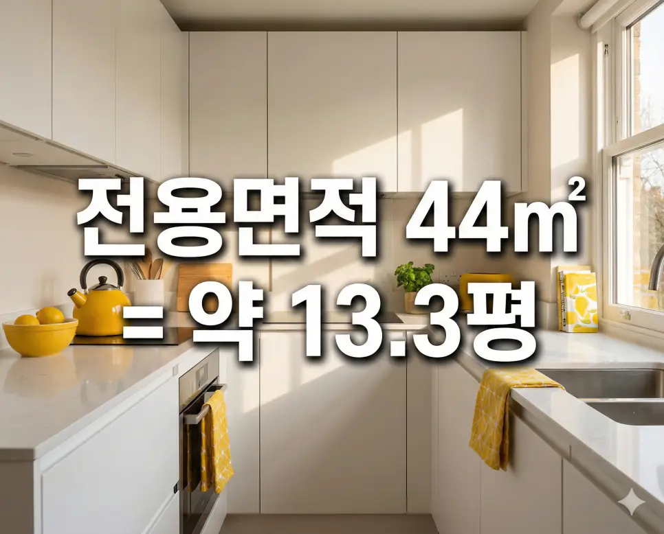 산뜻한 노란색 포인트 주방 배경 위에 전용면적 44㎡ 평수 환산 결과를 텍스트로 명시한 아파트 분석 사진