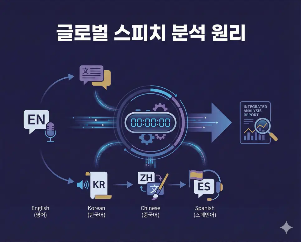 발표 시간 계산기: 한국어, 영어, 일어, 중국어 지원 (TTS, 호흡수, 프롬프터) 2 언어별 평균 말하기 속도를 반영한 발표 시간 계산 및 호흡수 측정 원리 안내 인포그래픽