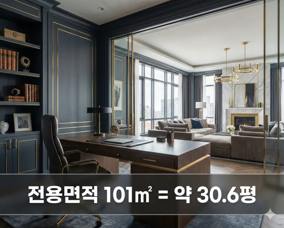 전용면적 101 104 109 111 114 (제곱미터 m2) 면적별 정확한 몇평? 부동산 계약 전 필수 평수 체크 1 전용면적 101m2 몇 평인지 럭셔리 거실 배경 위 회색 띠 배너에 고딕체로 약 30.6평 수치를 명시한 신뢰감 있는 이미지