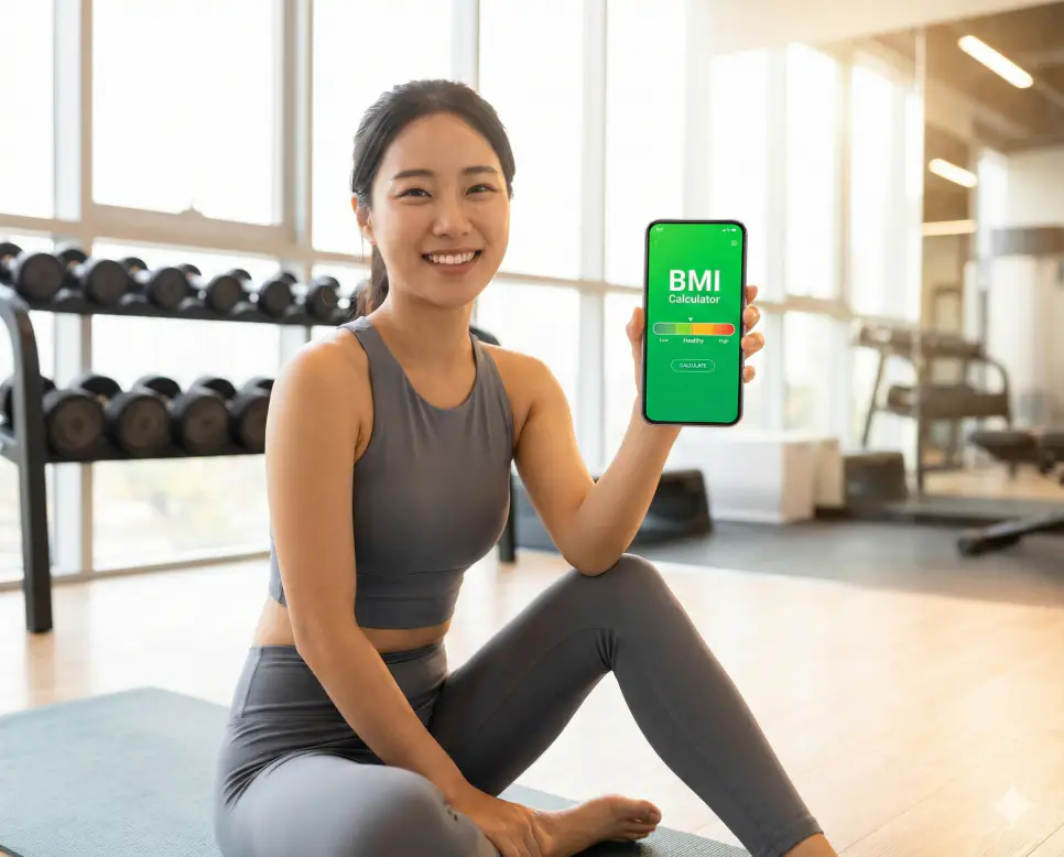 비만도 계산기 기능을 통해 현재 나의 BMI 지수 계산 결과를 확인하고 건강한 생활 습관을 다짐하는 이미지입니다.