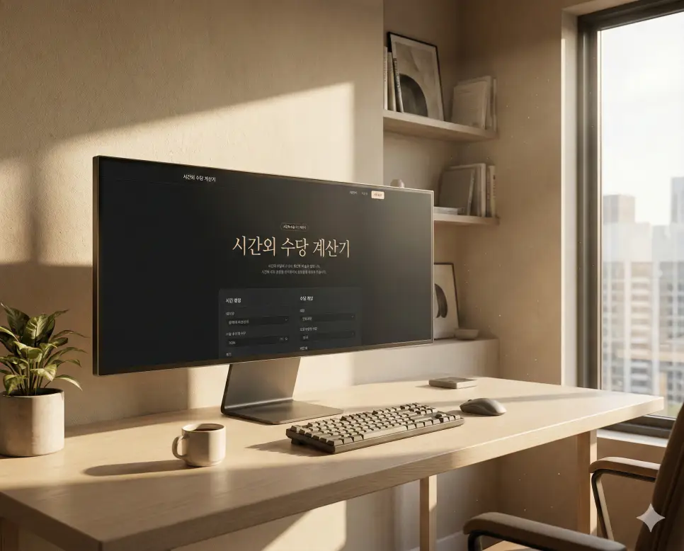 밝고 쾌적한 데스크톱 화면의 시간외 수당 계산기를 통해 연장 및 야간 수당을 정확하게 정산하는 모습