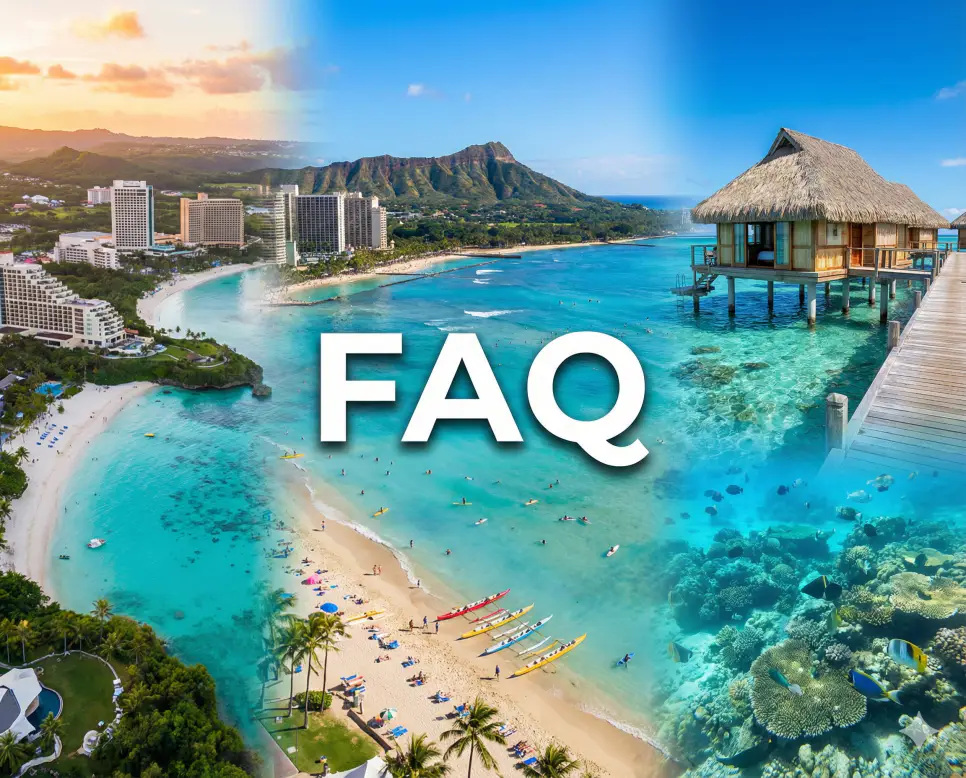 괌과 하와이 전경이 어우러진 배경 위에 FAQ 문구가 포함된 실시간 괌 사이판 피지 현재시간 및 시차 정보 자주 묻는 질문 안내 이미지