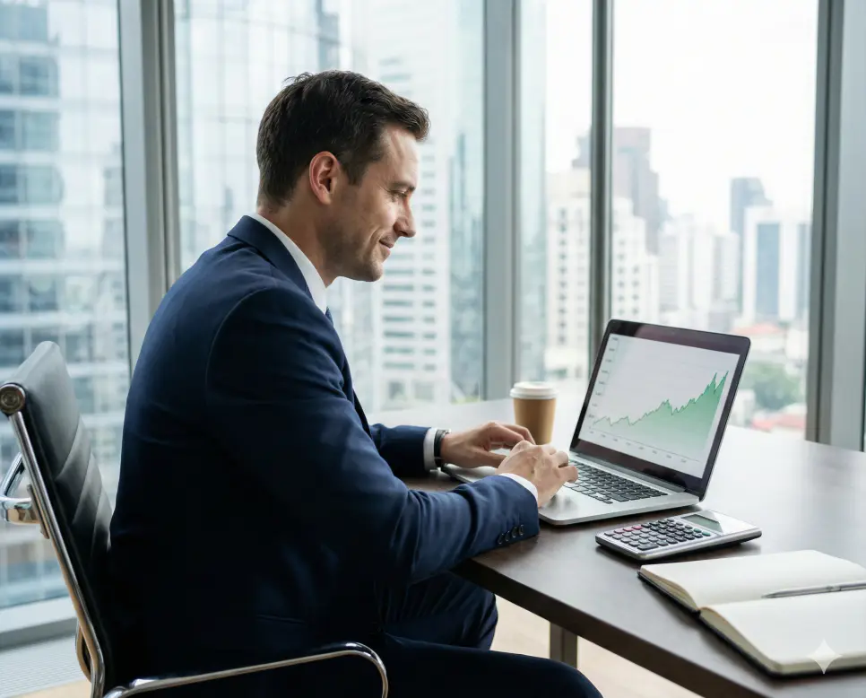 노트북의 상승 그래프를 확인하며 증감률 계산기를 활용해 수익을 분석하는 전문적인 모습의 실사 이미지입니다.