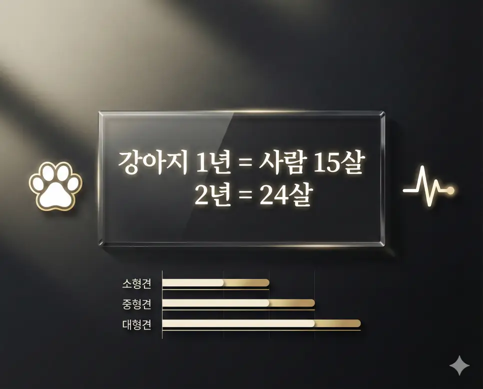 개 나이 계산기: 단순 7배는 틀렸다? 수의학 기준 강아지 고양이 나이 2 수의학 기준인 1년 15살, 2년 24살 공식을 시각화하여 보여주는 고급스러운 한국어 인포그래픽