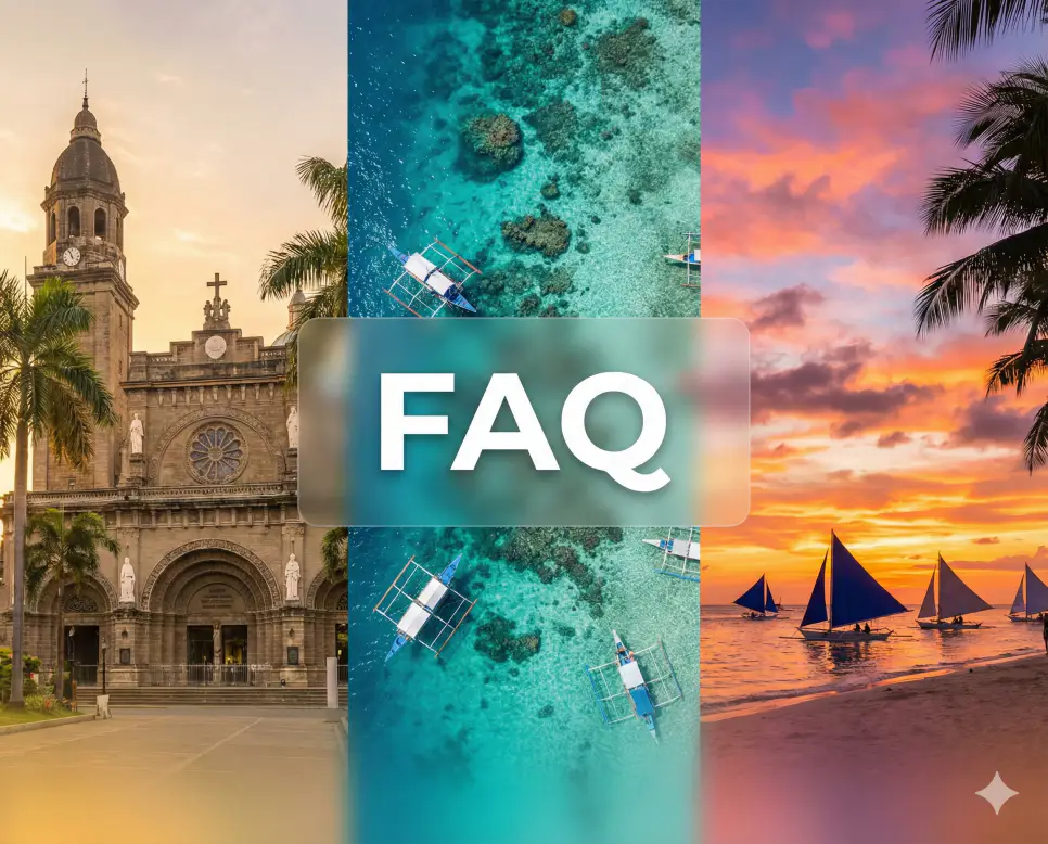 마닐라와 세부 전경이 어우러진 배경 위에 FAQ 문구가 포함된 실시간 필리핀 주요 도시 현재시간 및 시차 정보 자주 묻는 질문 안내 이미지
