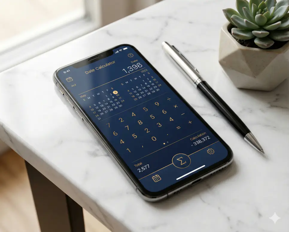 딥블루와 골드 그라데이션이 적용된 프리미엄 디데이 계산기로 정확한 날짜를 산출하는 세련된 테마의 이미지입니다.