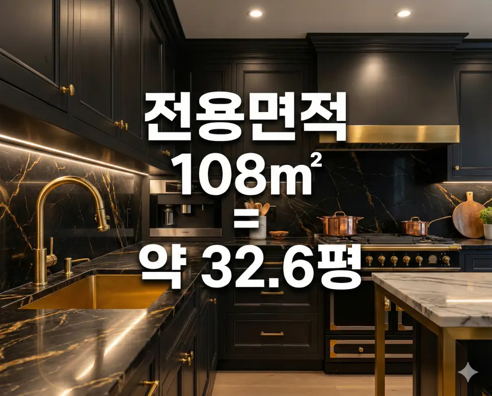 럭셔리 주방 배경 위에 전용면적 108㎡ 평수 환산 결과를 텍스트로 명시한 대형 평형 인테리어 사진