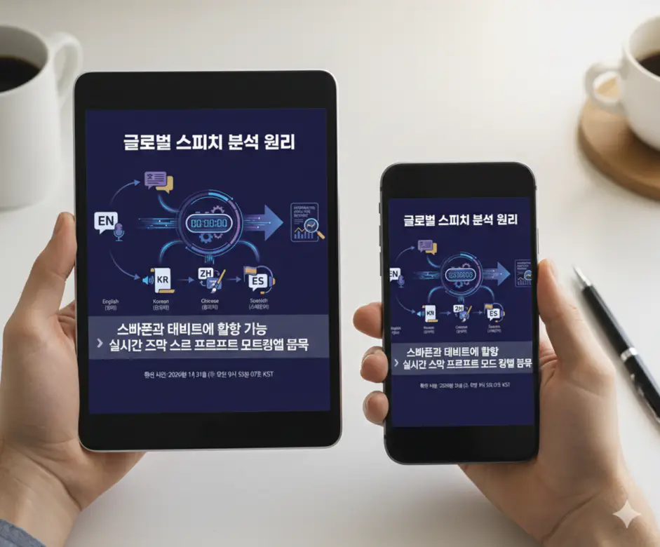 발표 시간 계산기: 한국어, 영어, 일어, 중국어 지원 (TTS, 호흡수, 프롬프터) 3 스마트폰과 태블릿에서 활용 가능한 실시간 자막 스크롤 프롬프터 모드 실행 모습