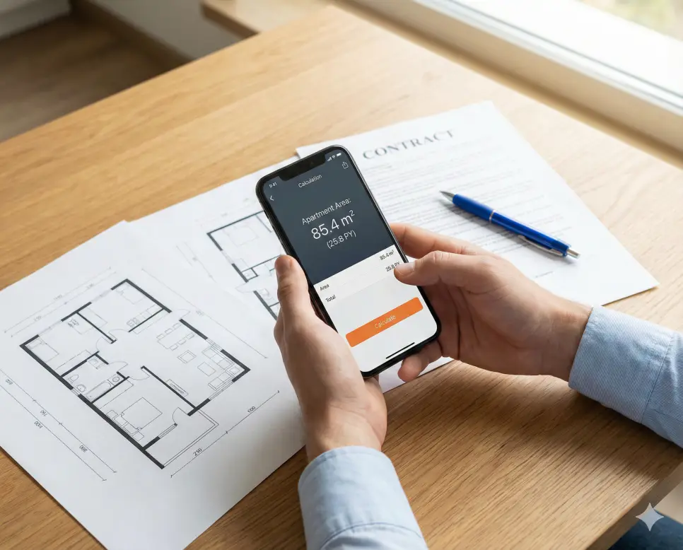 평수 계산기 및 아파트 평수 계산기 사용 시 주의사항과 면적 변환에 대한 궁금증을 해결하는 이미지입니다.