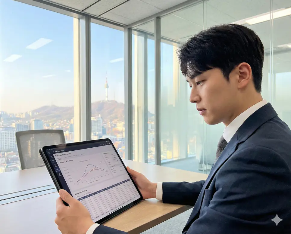 부동산 대출 이자 계산기: 중도금 대출 이자 계산기로 이자 비용 예측 3 부동산 대출 이자 계산기 분석 기능을 통해 투자 수익률을 극대화하기 위한 정확한 이자 비용 예측을 수행하는 전문가의 모습입니다.