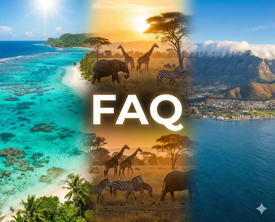 사이판과 케냐 전경이 어우러진 배경 위에 FAQ 문구가 포함된 실시간 주요 도시 현재시간 및 시차 정보 자주 묻는 질문 안내 이미지