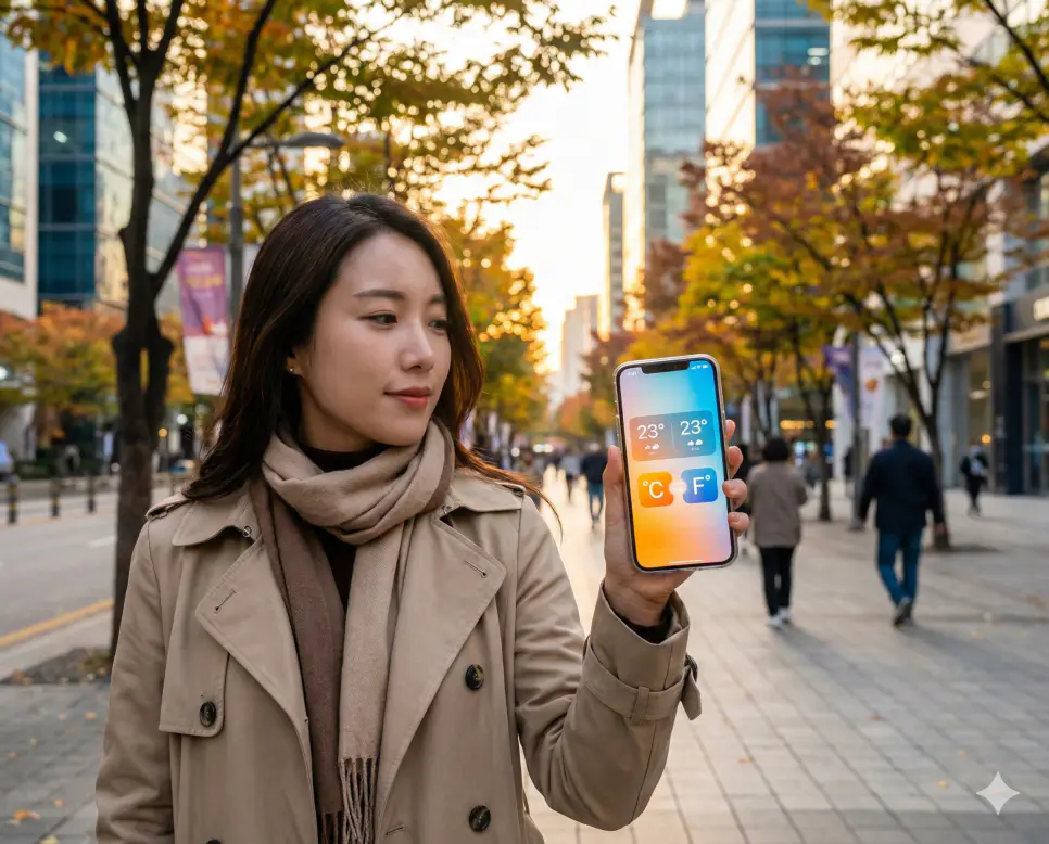 변화하는 실외 기온을 온도 환산 통합 계산기로 확인하며 일상을 즐기는 한국인 여성의 모습