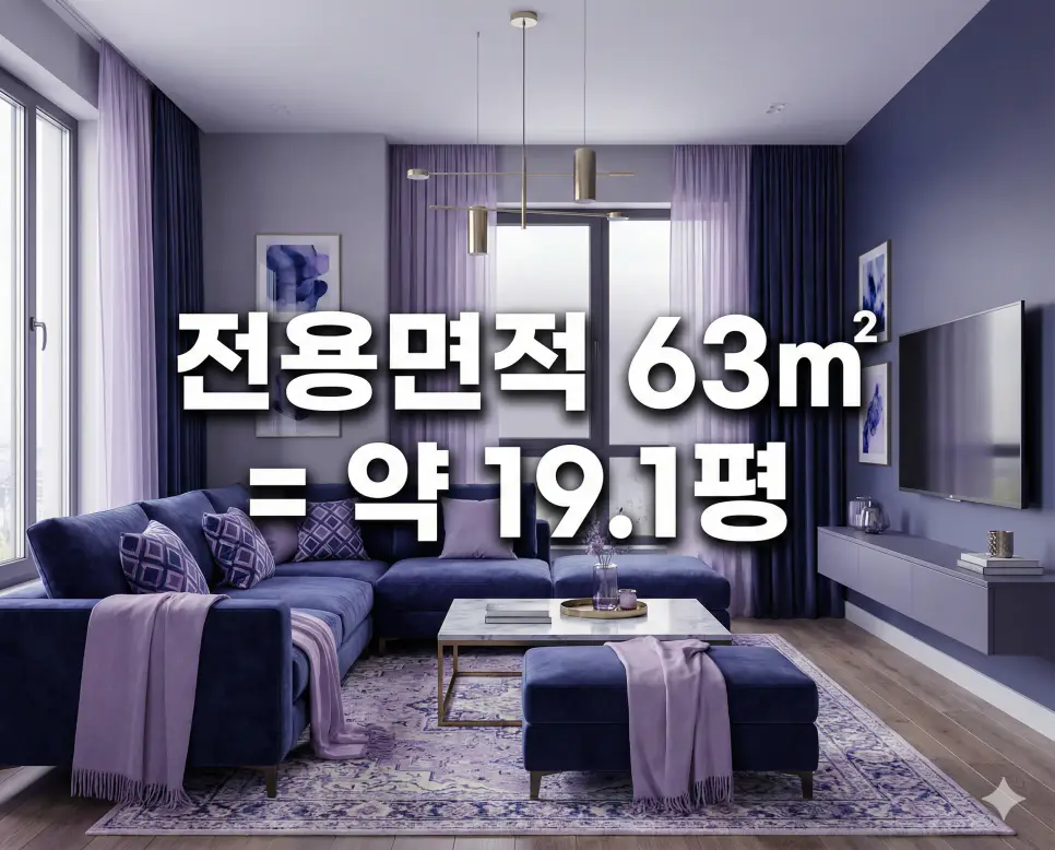 전용면적 63m2 몇 평인지 스마트 준중형 거실 배경 위에 텍스트로 안내하는 정보성 이미지