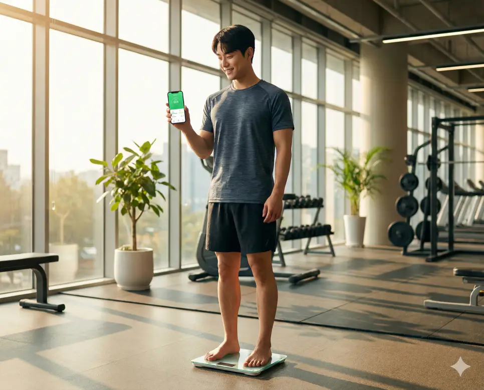 BMI 계산기를 활용해 체중을 측정하고 건강 상태를 꼼꼼하게 기록하는 자기관리 중인 남성의 모습입니다.