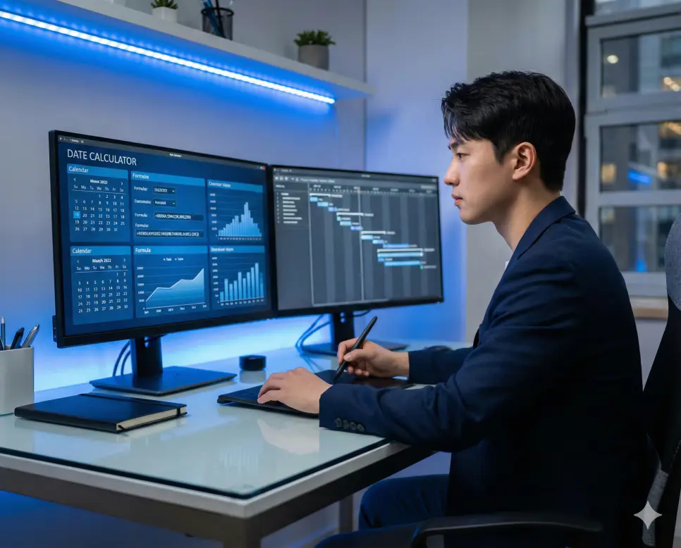 로얄 블루 톤의 스마트 날짜 계산기를 활용해 효율적으로 일정을 관리하는 현대적인 오피스 테마 이미지입니다.
