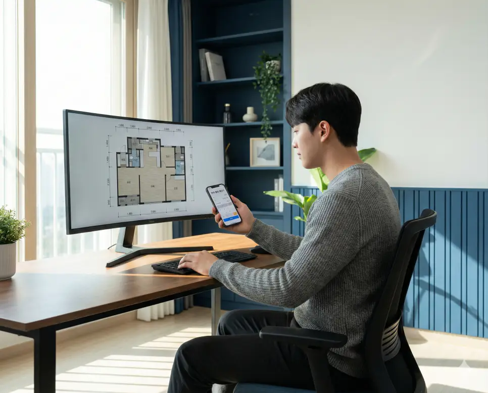 면적 평수 계산기 도구를 사용해 집안의 가구 배치나 인테리어를 위한 공간을 측정하는 모습입니다.