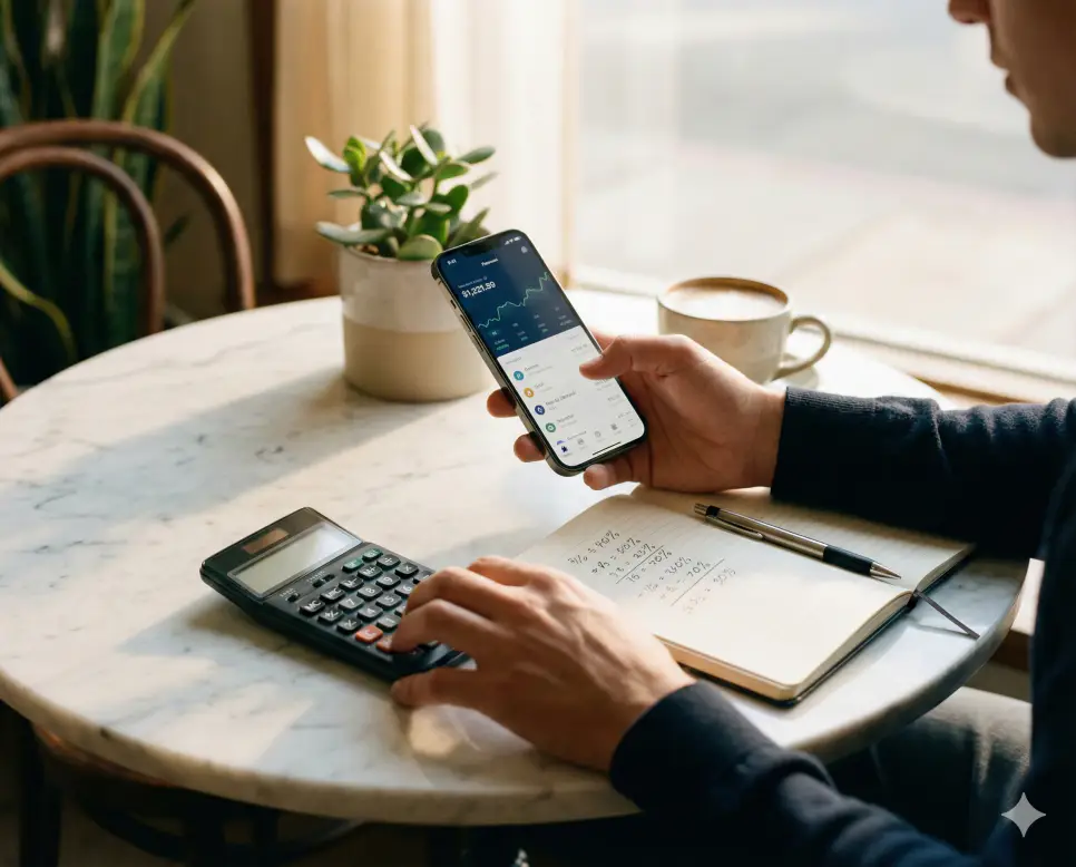 카페에서 스마트폰과 계산기를 활용해 퍼센트 비율을 정밀하게 계산하는 일상 속 스마트한 관리의 실사 이미지입니다.
