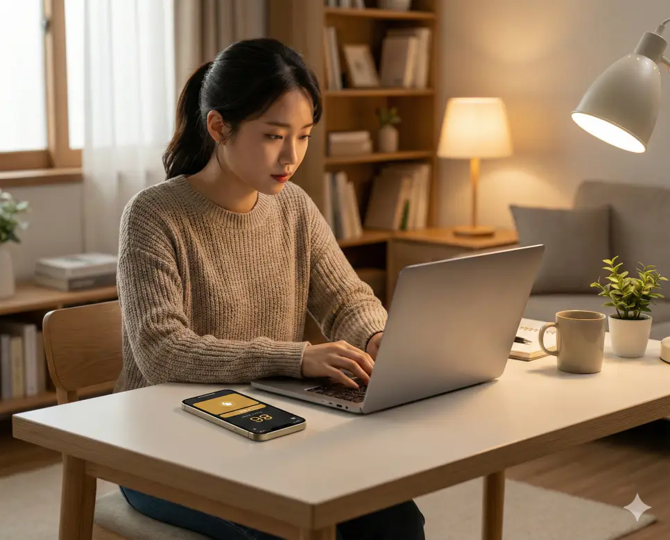 글자수 계산기를 활용해 원고의 분량을 꼼꼼하게 체크하며 집필에 몰입하는 한국인 여성의 실사 이미지입니다.