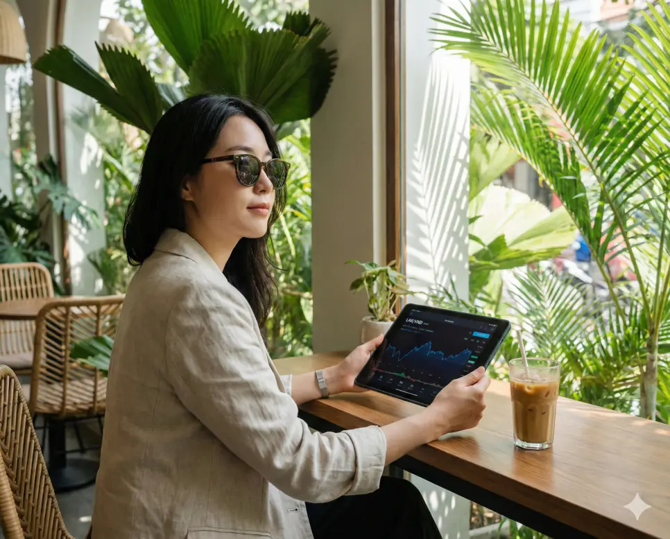 동 환율 계산 및 라오스 낍 환율 변동 추이를 확인하며 동남아시아 여행 및 비즈니스 예산을 산출하는 전문가의 모습입니다.