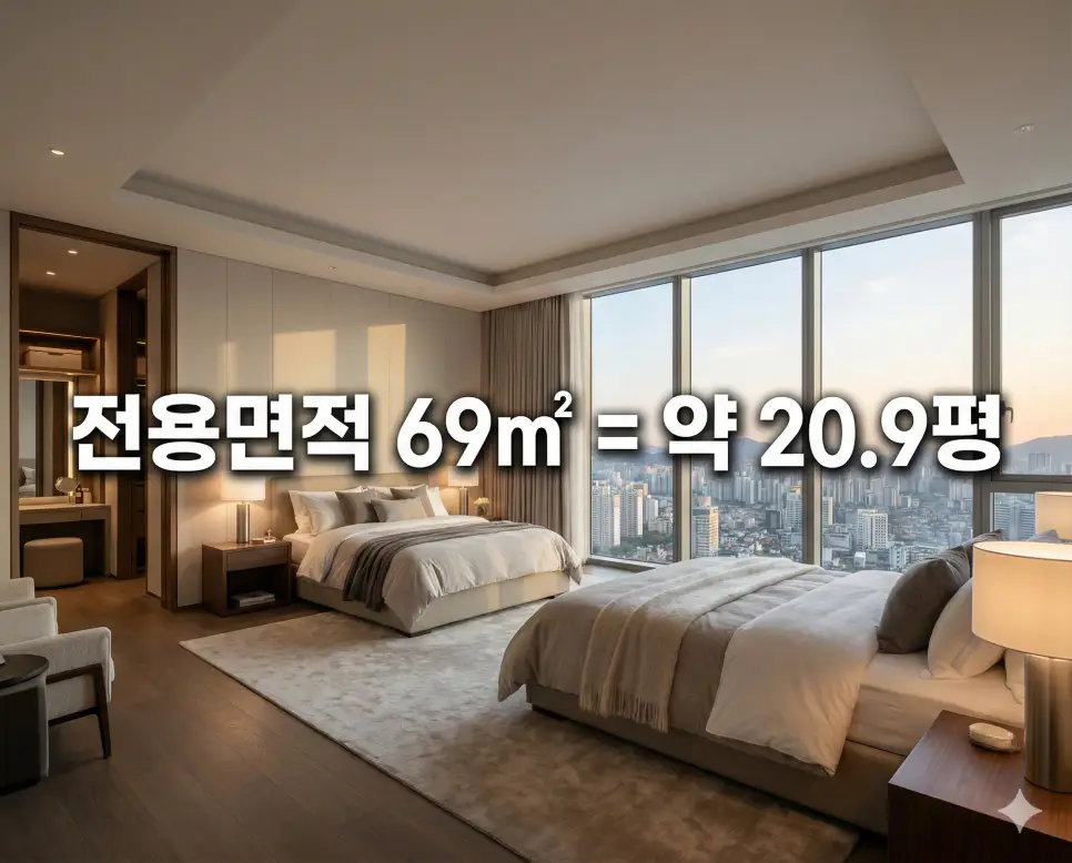 넒은 침실 공간 배경 위에 전용면적 69㎡ 실평수 정보를 텍스트로 삽입한 프리미엄 주거 사진