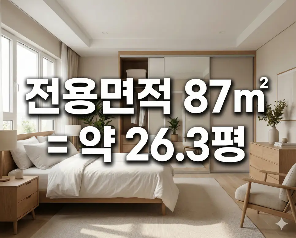 전용면적 81 83 85 86 87 (제곱미터 m2) 몇평인지 확인 평수 환산 상세 가이드 3 웅장한 침실 공간 배경 위에 전용면적 87㎡ 실평수 정보를 텍스트로 삽입한 프리미엄 주거 자료