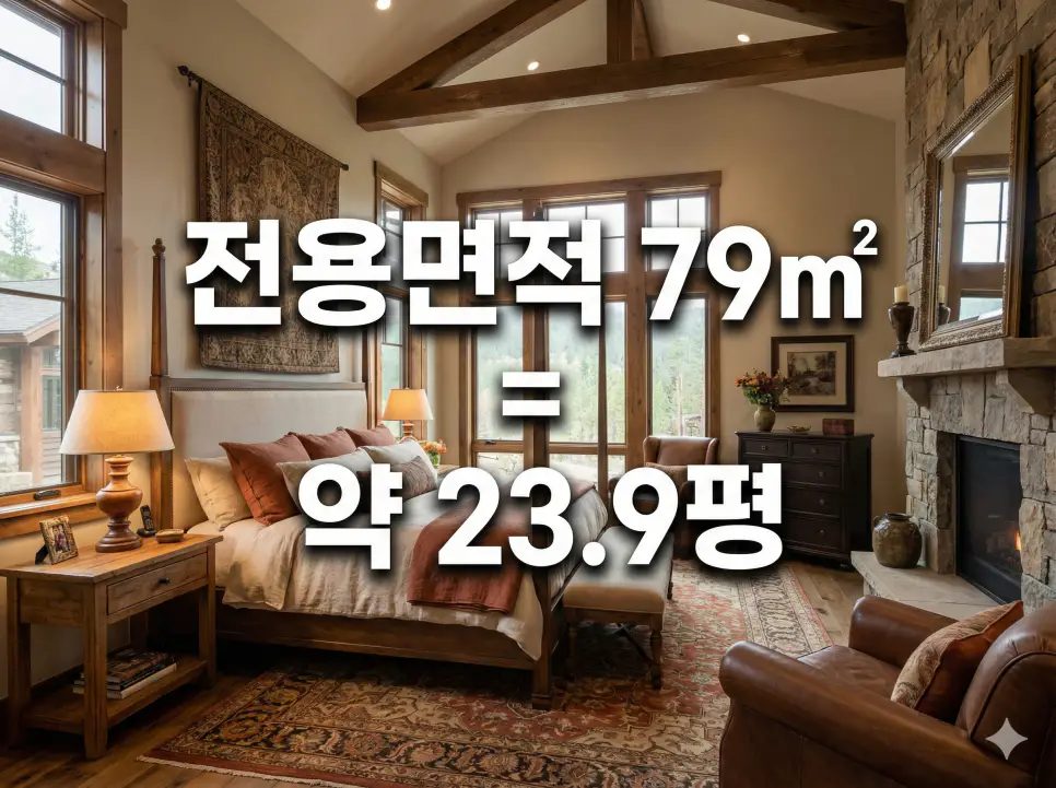 전용면적 73 76 77 78 79 (제곱미터 m2) 몇평일까? 30평대 진입 평수 환산 가이드 3 웅장한 침실 공간 배경 위에 전용면적 79㎡ 실평수 정보를 텍스트로 삽입한 주거 환경 자료