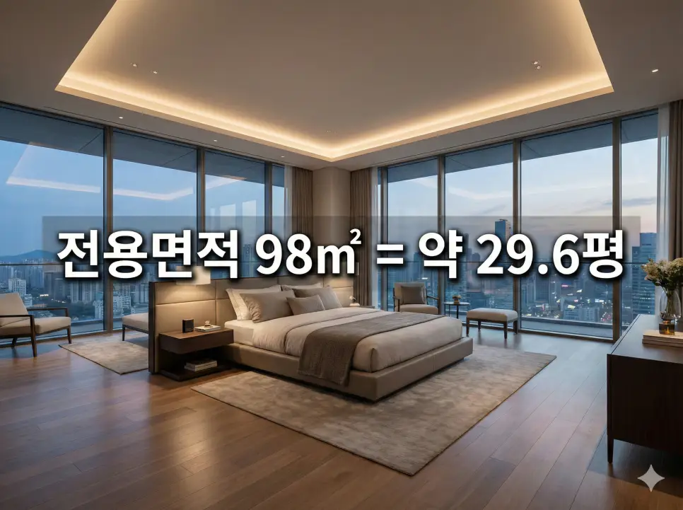 전용면적 88 91 93 95 98 (제곱미터 m2) 몇평일까? 여유로운 평수 환산 리포트 3 웅장한 안방 공간 배경 위에 전용면적 98㎡ 실평수 정보를 텍스트로 삽입한 프리미엄 주거 환경 자료