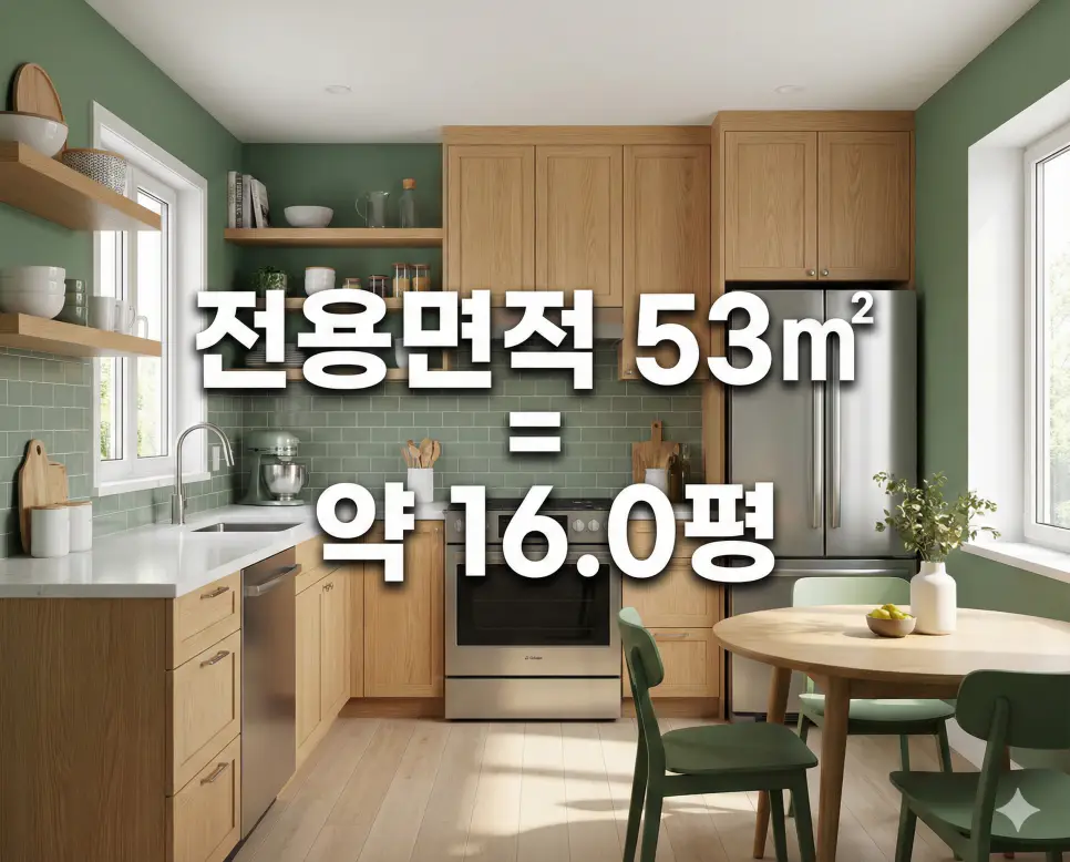 전용면적 49 51 53 55 57 (제곱미터 m2) 몇평일까? 실속 평수 환산 분석 2 깔끔한 주방 인테리어 배경 위에 전용면적 53㎡ 평수 환산 결과를 텍스트로 명시한 실속 평형 사진