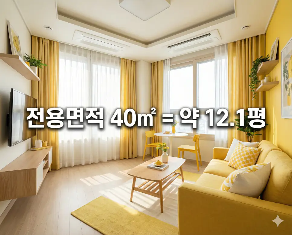 전용면적 40m2 몇 평인지 소형 아파트 거실 배경 위에 텍스트로 안내하는 써니 옐로우 정보 이미지
