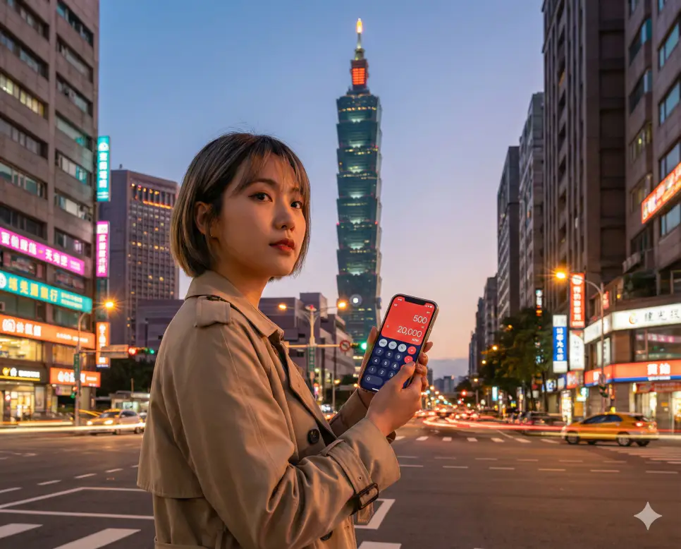 대만 환율 계산기를 사용해 타이베이 101 빌딩 앞에서 실시간으로 현지 물가를 확인하는 여행객의 실사 이미지입니다.