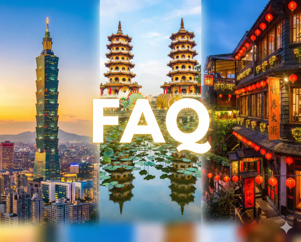 타이베이와 가오슝 전경이 어우러진 배경 위에 FAQ 문구가 포함된 실시간 대만 주요 도시 현재시간 및 시차 정보 자주 묻는 질문 안내 이미지